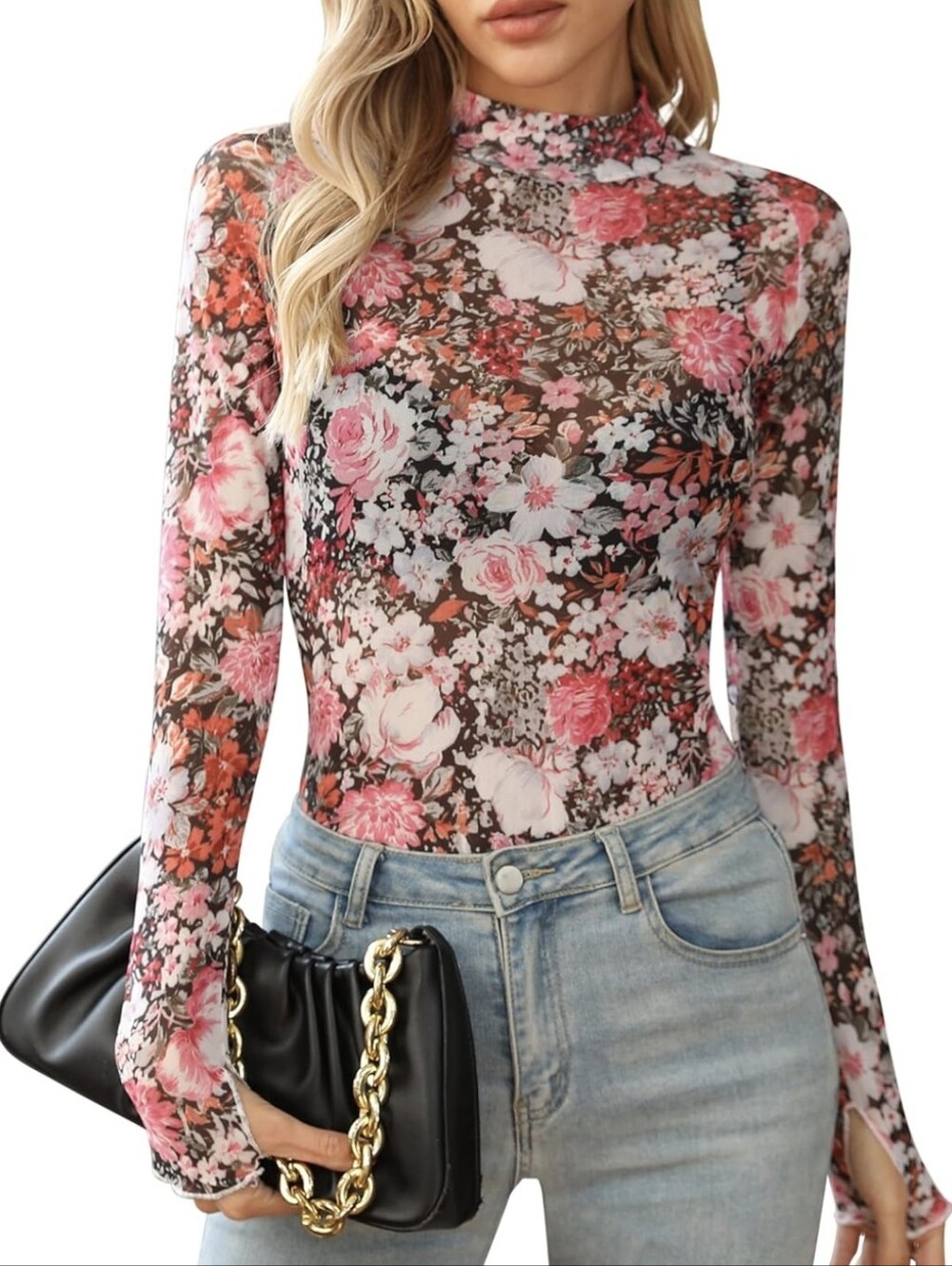 Sheer Floral Mock Neck Long Sleeve Top - Pink Floral Size Small